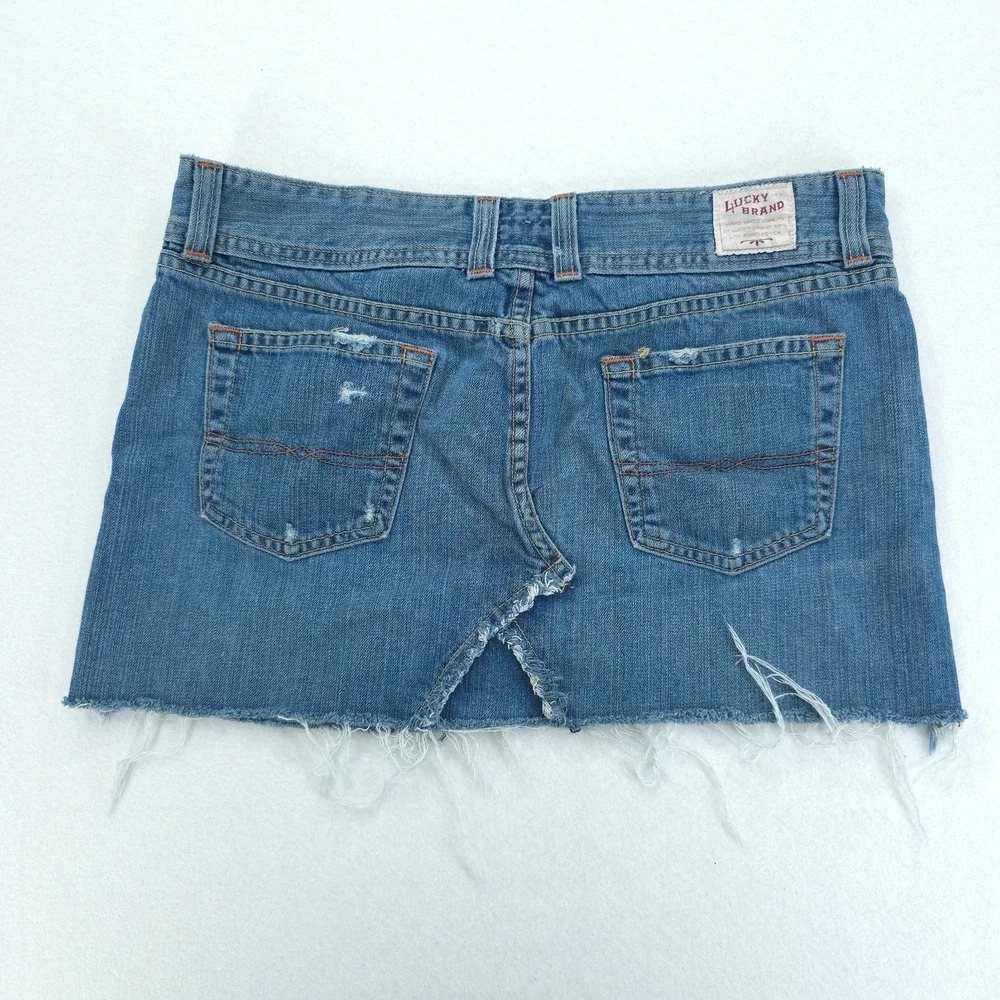 Lucky Brand Skirt Womens 8 Blue Denim Dungarees Mini Frayed Hem Y2K USA Made Raw